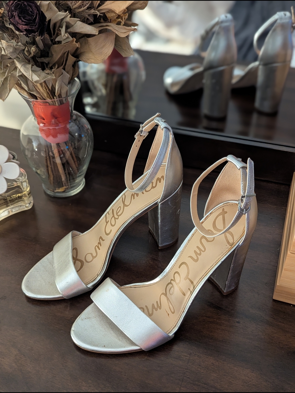 Sam Edelman Silver Ankle-Strap Block Heel Sandals